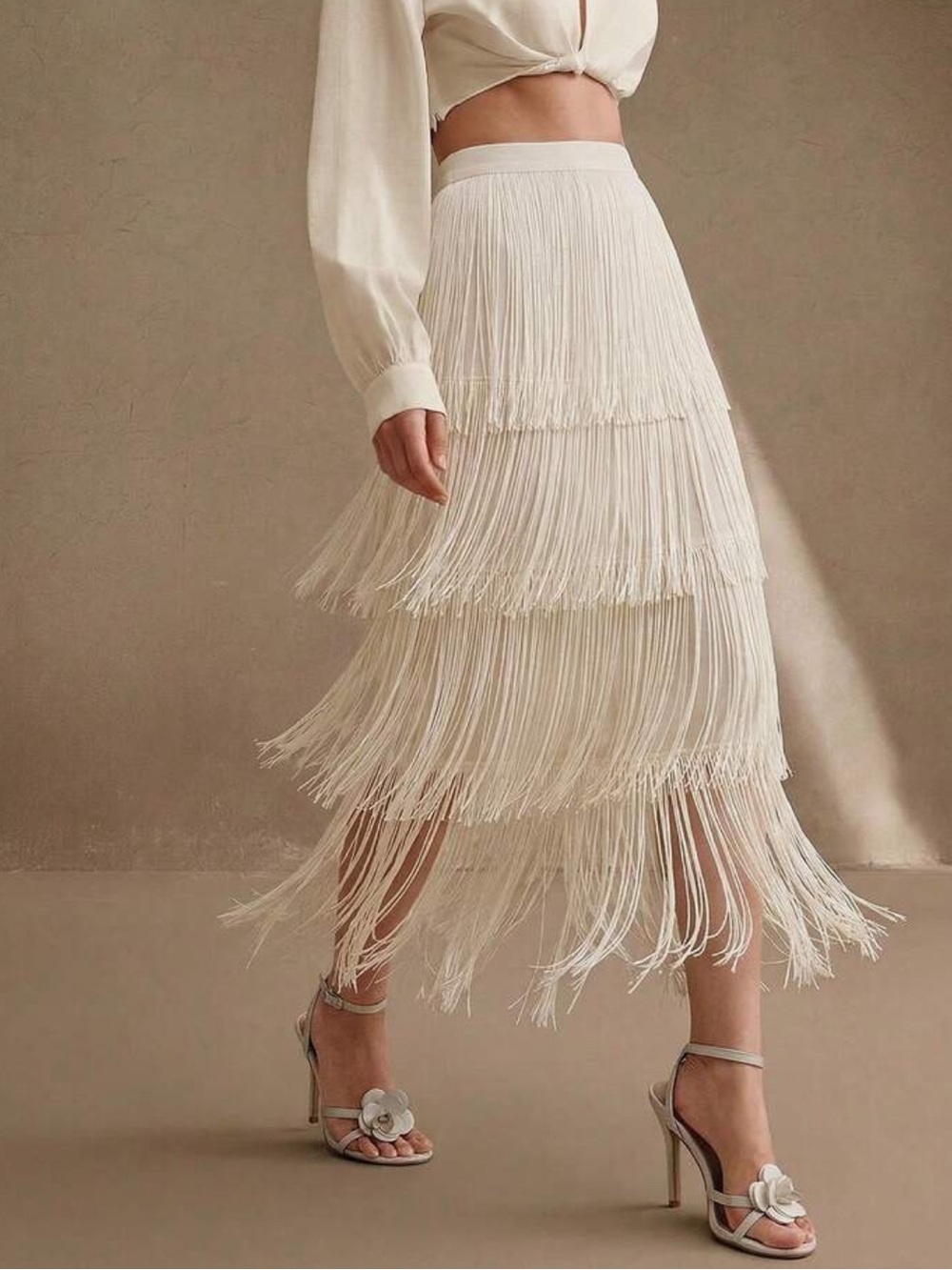 Women's New Spring/Summer Apricot Layered Tassel Elegant Mid-Length Dres